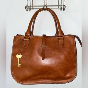 Authentic Fossil Brown Leather Satchel with Key Charm
